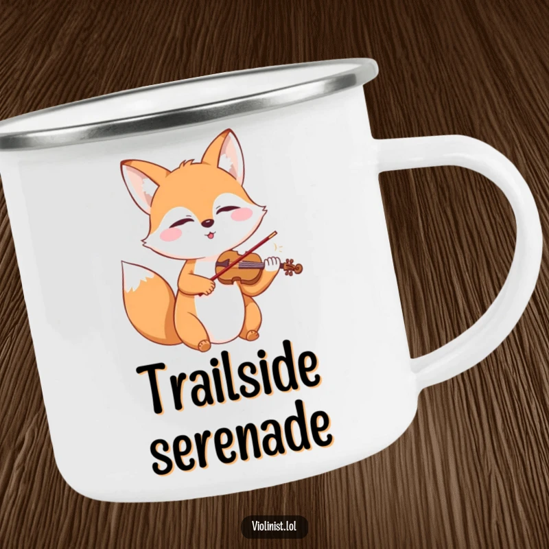 Happy fox playing a miniature violin with closed eyes, illustrated on a rugged camping mug.