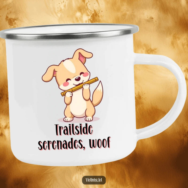 Funny dog camping mug, a happy dog wagging its tail, humorously trying to play a flute, perfect for outdoor adventures and cheerful tunes.
