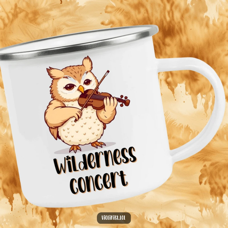 Funny owl camping mug, content and focused, playing a violin, ideal for outdoor lovers who appreciate music and humor.