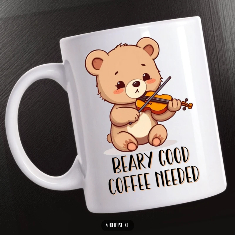 Funny mug featuring a small bear cub enthusiastically sawing its violin, eyes wide with pure delight and joy.