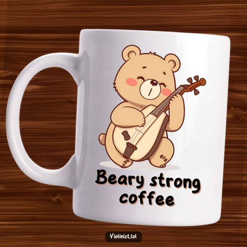 Funny, determined bear enthusiastically sawing away on a cello, depicted on a coffee mug.