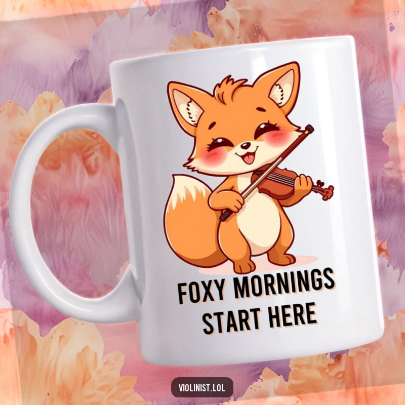 Funny mug featuring a cheerful fox with a beaming smile, joyfully strumming a violin with impressive musical flair.