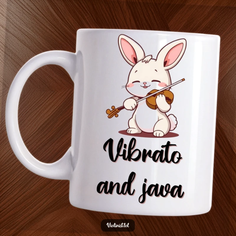 Funny bunny violinist mug with a cheerful rabbit playing the violin with eyes closed in blissful abandon, pure musical joy.