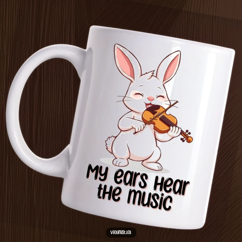 Funny bunny playing violin with eyes closed in passionate musical concentration, perfect for a coffee mug gift.