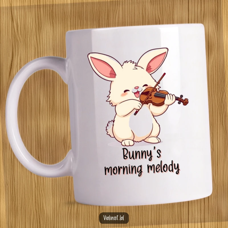 Funny mug of a fluffy bunny with large ears joyfully playing a violin with great enthusiasm and a happy expression.