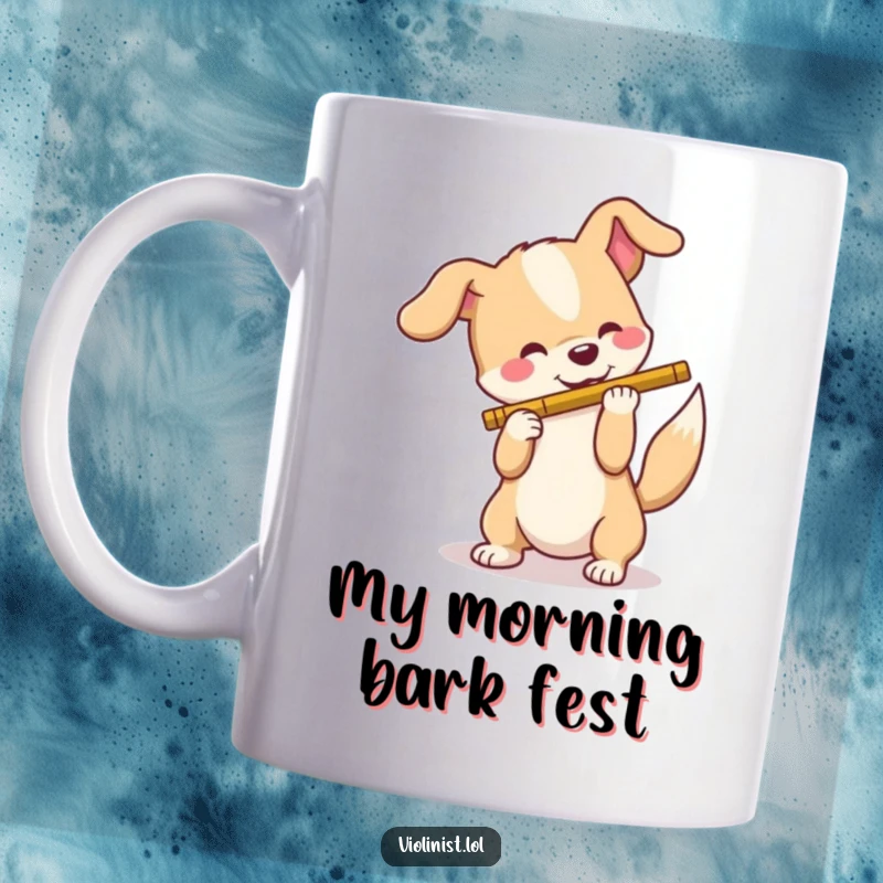Funny dog mug with a wagging tail attempting to play a wooden flute, radiating pure happiness and musical ambition with a goofy grin.