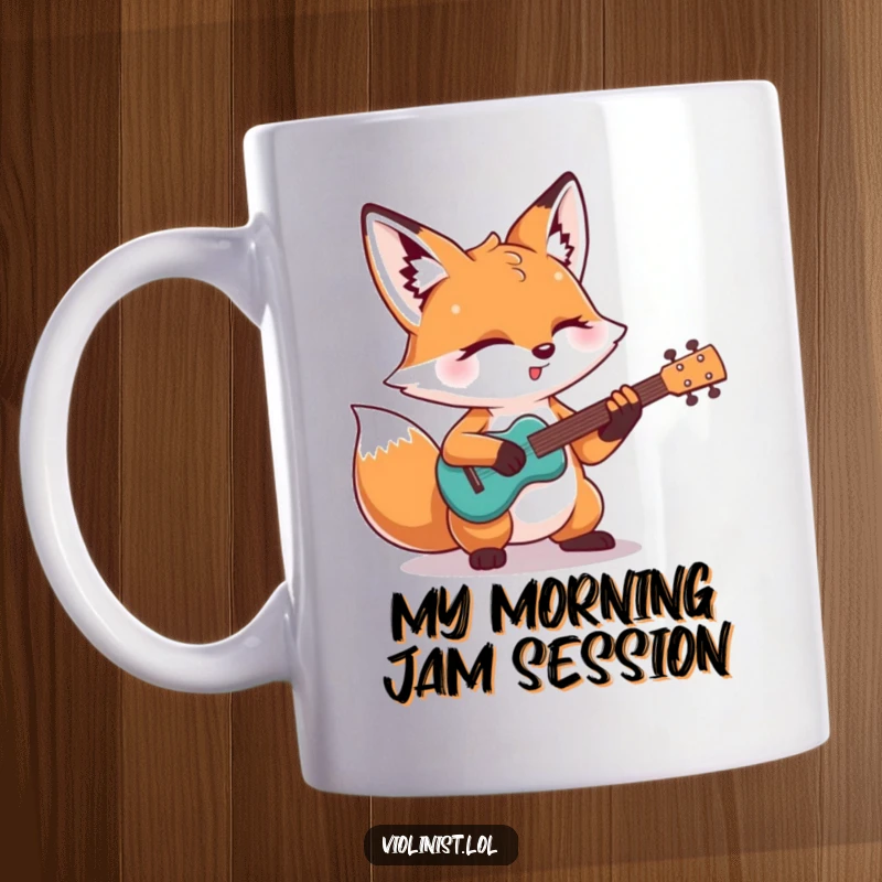 Funny mug: A determined fox passionately plays a guitar solo with eyes closed, showcasing musical dedication and humor for gift-givers.