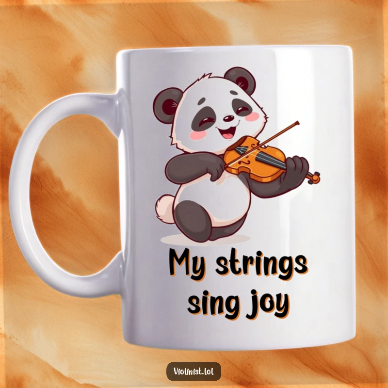 Funny mug featuring a giggling panda playing the violin with over-the-top passion and a flourish, a perfect gift for music lovers.