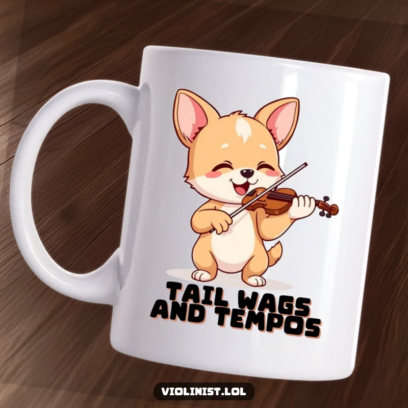 Funny dog mug featuring a happy canine enthusiastically playing the violin with perked-up ears, sharing its musical joy.