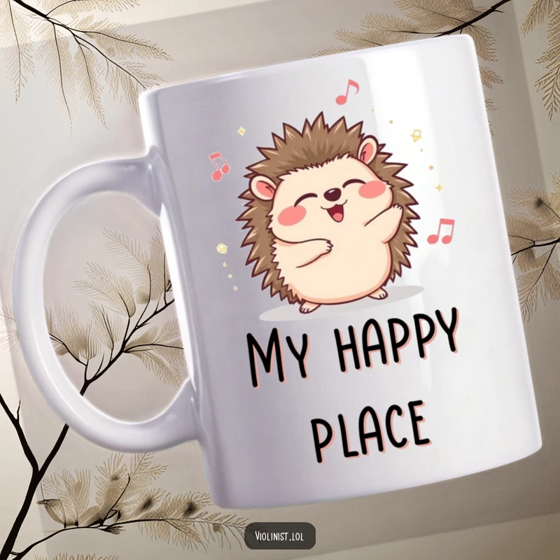 Funny hedgehog mug, eyes closed, giggling while swaying to unseen music, radiating pure joy and musical bliss.