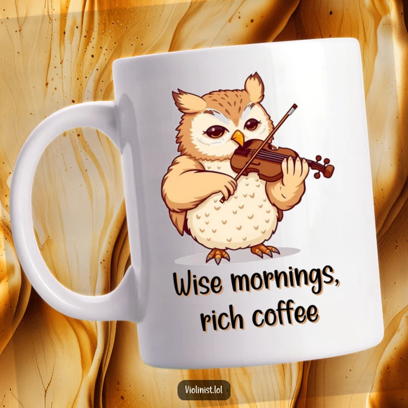 Funny owl mug, content expression, skillfully playing a violin with elegant posture, a masterful musician.