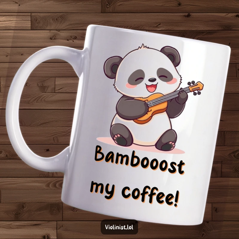 Funny panda mug, silly expression, energetically strumming a tiny violin with a huge happy grin, radiating pure joy.
