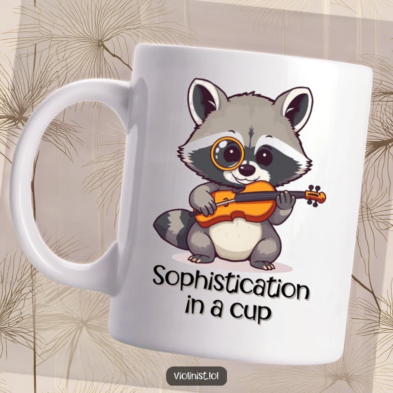 Shy raccoon wearing a monocle attempting to play a tiny fiddle, depicted on a coffee mug.