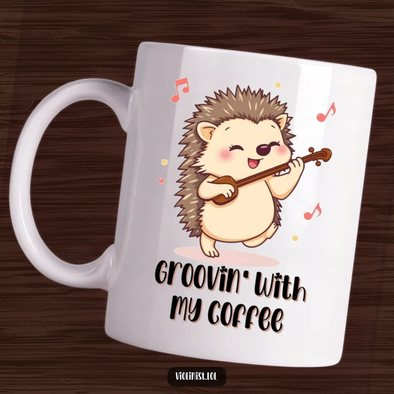 Funny hedgehog mug with a happy hedgehog tapping its foot energetically to a lively violin tune, radiating joy.