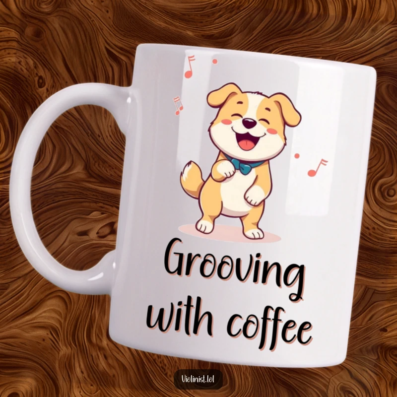 Funny mug showing a happy dog enthusiastically tapping its foot to an unseen melody, radiating pure canine joy.