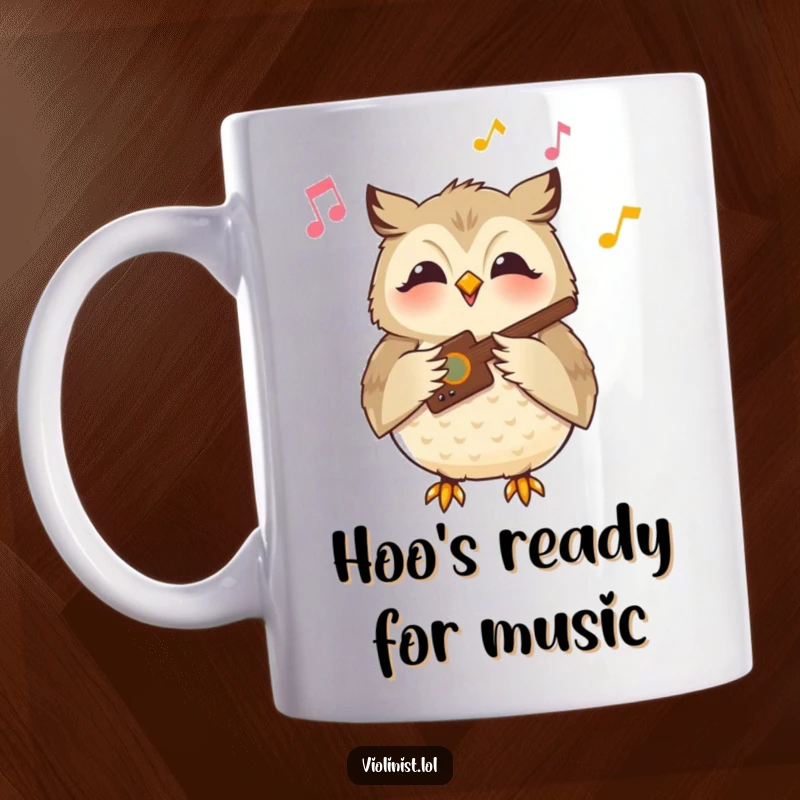Funny owl mug showing a content owl playing a musical instrument with a serene smile, creating a beautiful melody.