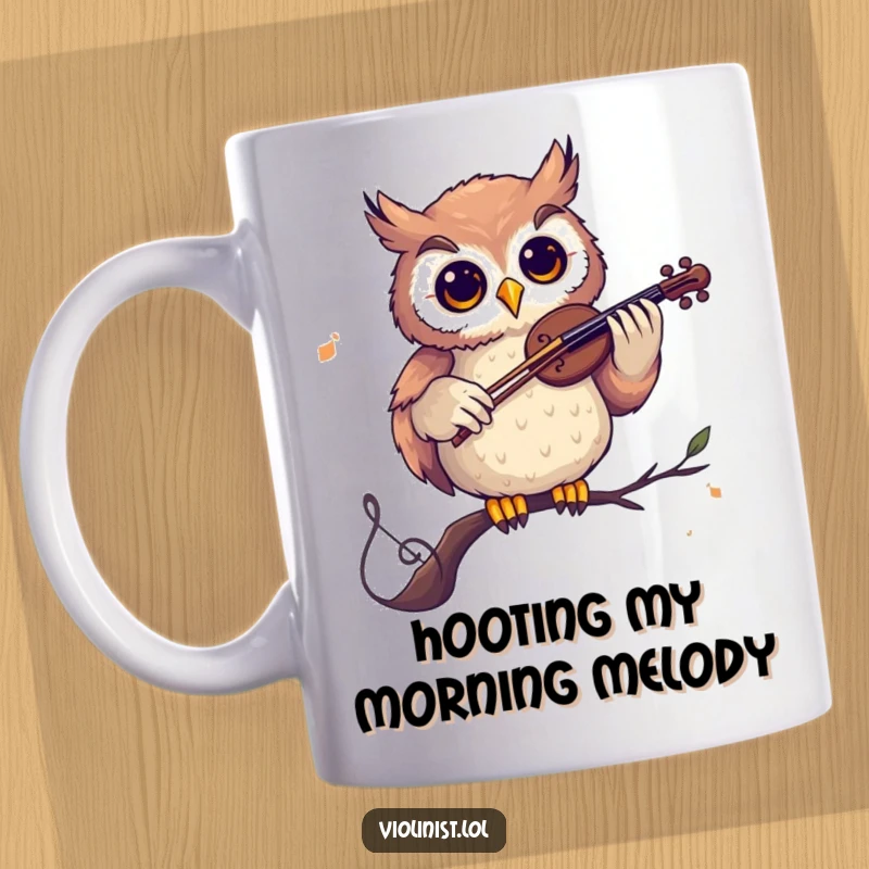 Funny mug with a curious owl playing a violin while perched on a musical note, showcasing its wise and artistic nature.