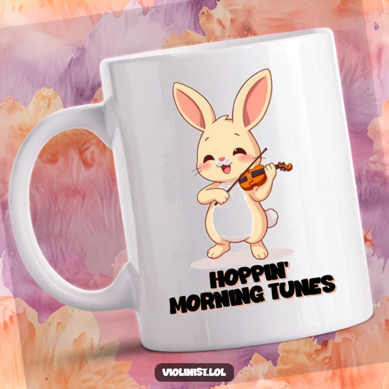 Funny cheerful bunny dancing energetically while playing a tiny violin with passion, perfect for music lover funny gifts.