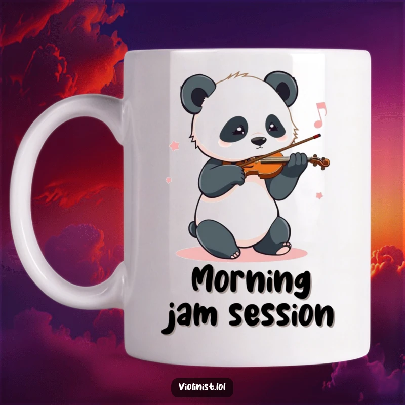 Funny Panda Violin Mug: A playful panda joyfully sways while playing its violin, radiating happiness through music.