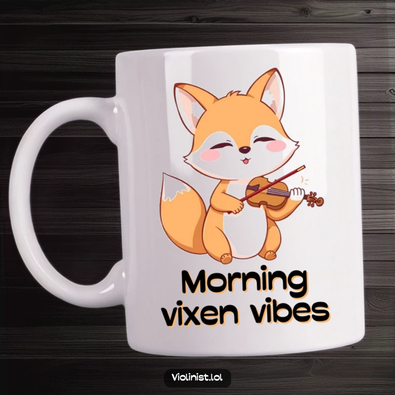 Happy fox with closed eyes passionately playing a miniature violin, depicted on a coffee mug.