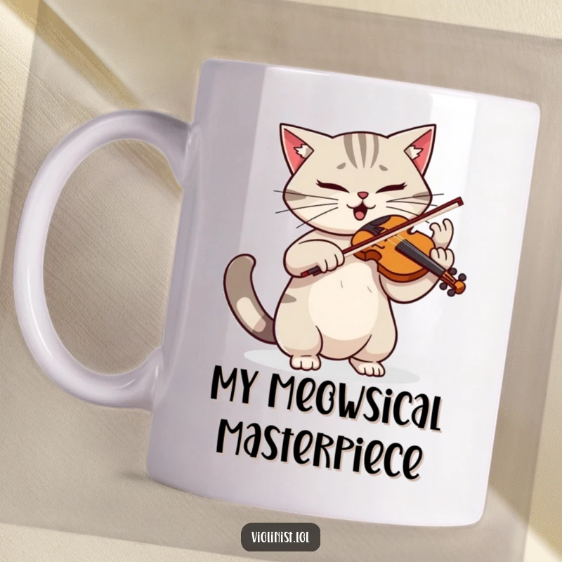 Funny cat mug featuring a determined feline violinist playing with dramatic flair and a twitching tail, ready for a standing ovation.