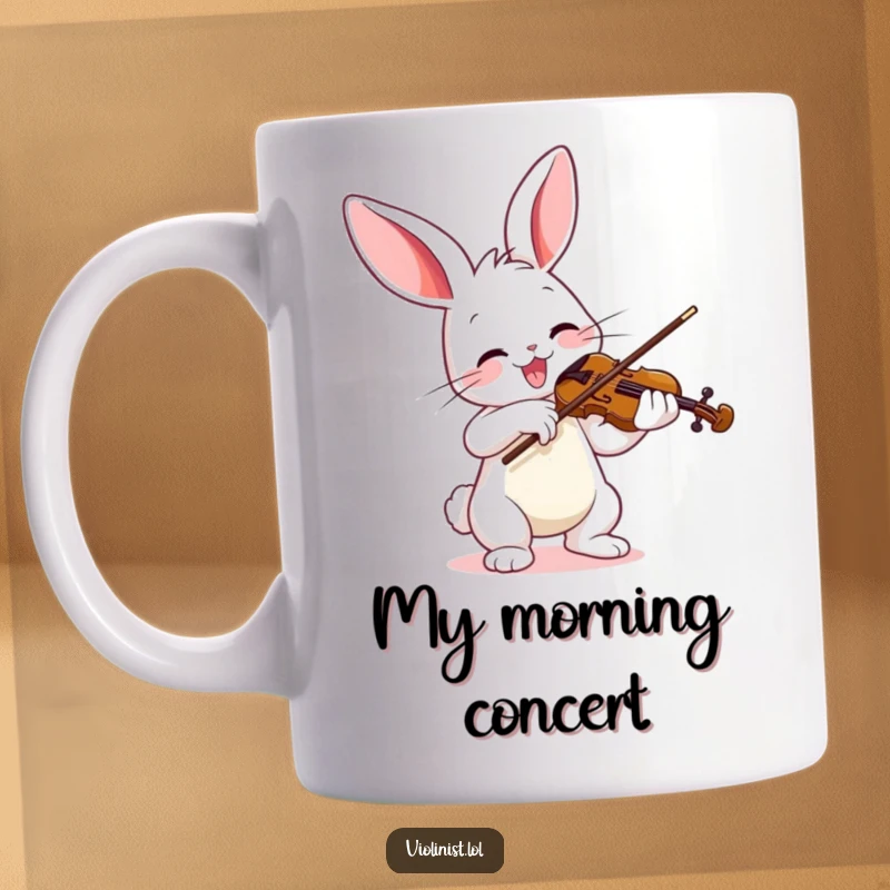 Funny mug showing a joyful bunny enthusiastically playing a violin with a vibrant bow, radiating musical happiness.