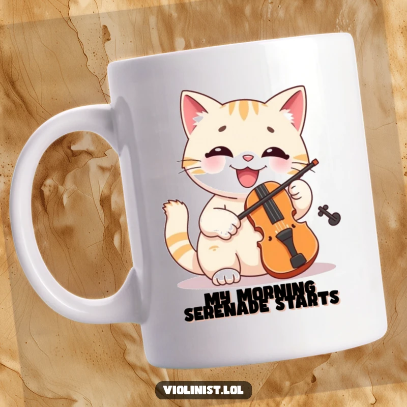 Funny cat mug with a cheerful feline enthusiastically playing a tiny violin with a wide, happy smile, radiating musical joy.
