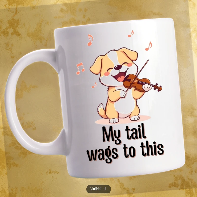 Funny dog mug with a happy dog energetically bobbing its head while playing a violin with immense delight, a true musical masterpiece.