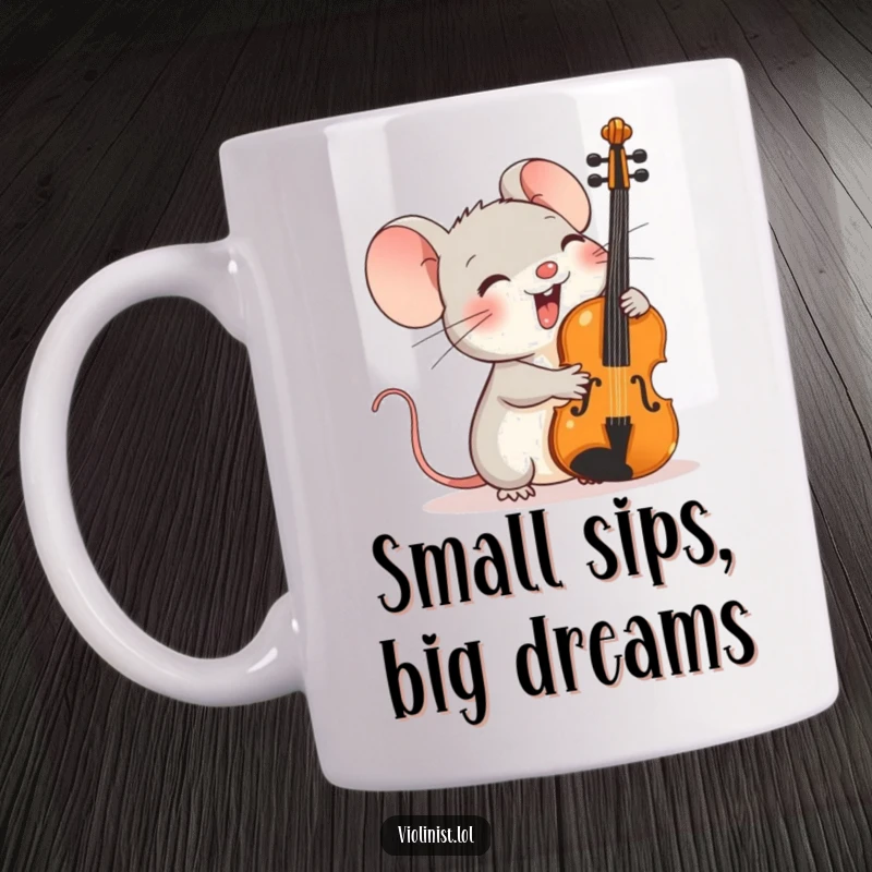 Funny mug featuring a tiny mouse giggling heartily as an oversized violin rests against its small shoulder.