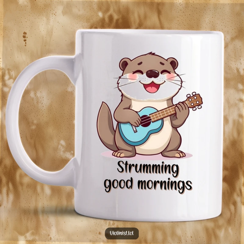 Funny otter enthusiastically strumming a ukulele with a huge smile, depicted on this cheerful mug.