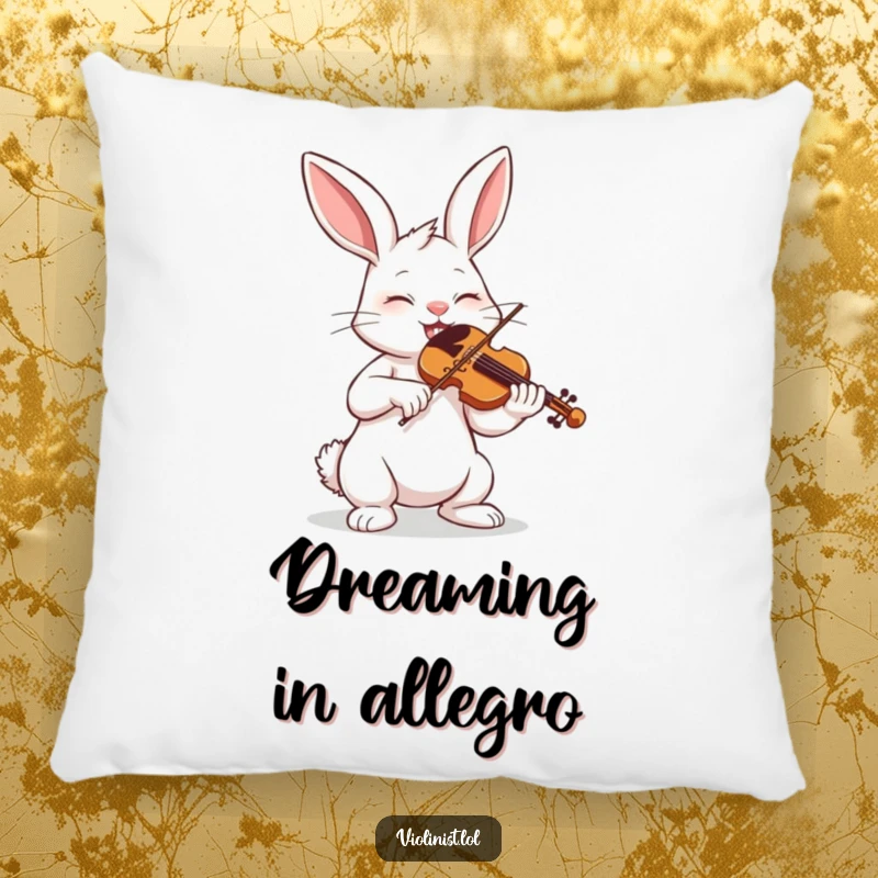Funny bunny with closed eyes playing violin, a soft and humorous pillow for decor.