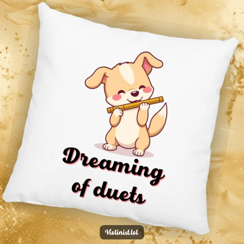 Funny dog pillow, a happy dog wagging its tail, hilariously attempting to play a flute, showcasing pure, uninhibited musical enthusiasm.