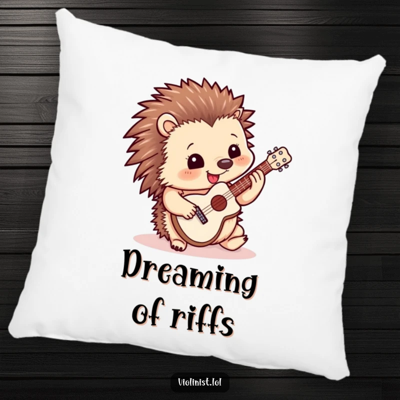 Funny pillow design of a happy hedgehog playing a miniature guitar, perfect for adding cozy, musical charm.