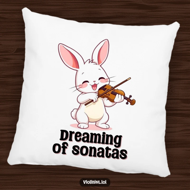 Funny pillow featuring a joyful bunny enthusiastically playing a violin with a vibrant bow, adding musical humor to decor.