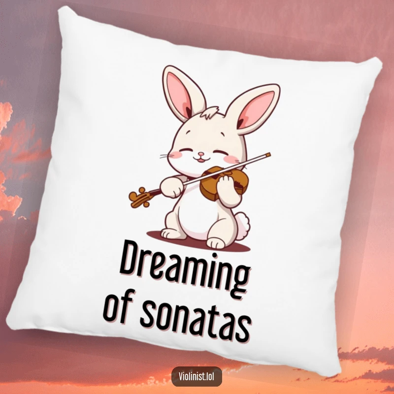 Funny bunny violin pillow featuring a cheerful rabbit playing the violin blissfully, offering plush comfort and musical charm.