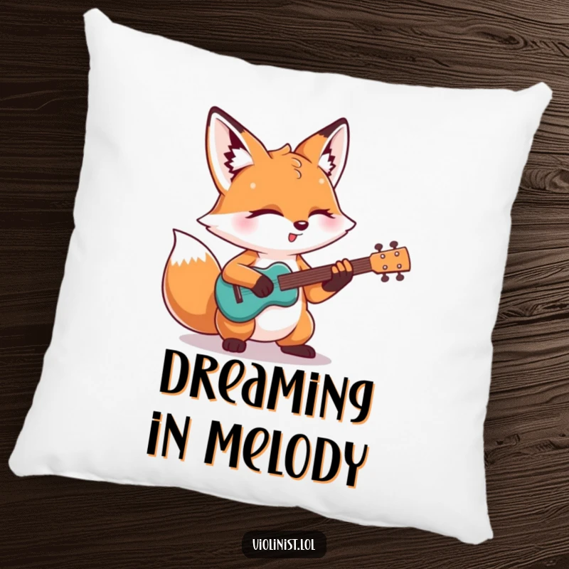 Funny pillow: A determined fox plays a guitar solo with eyes shut, offering humorous comfort and musical charm for relaxation gifts.