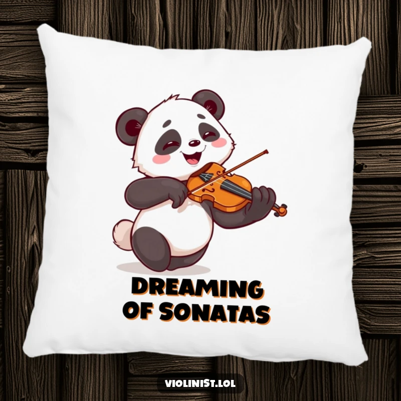 Funny pillow adorned with a giggling panda passionately playing the violin with dramatic flair, a soft and humorous decor gift.