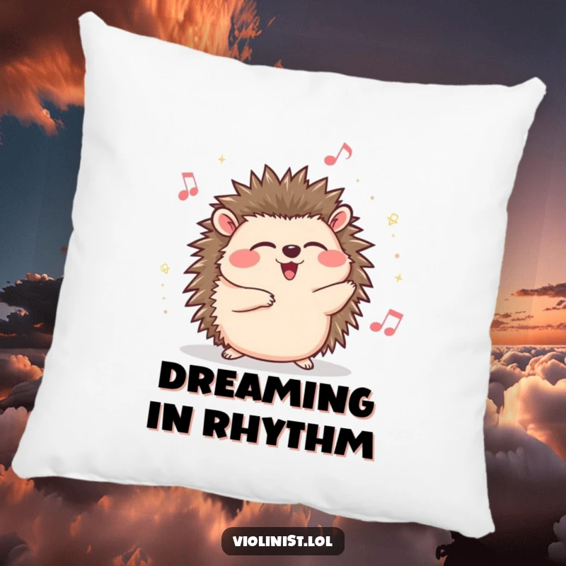 Funny hedgehog pillow, giggling and swaying rhythmically, eyes closed in pure musical enjoyment, a soft and humorous comfort item.