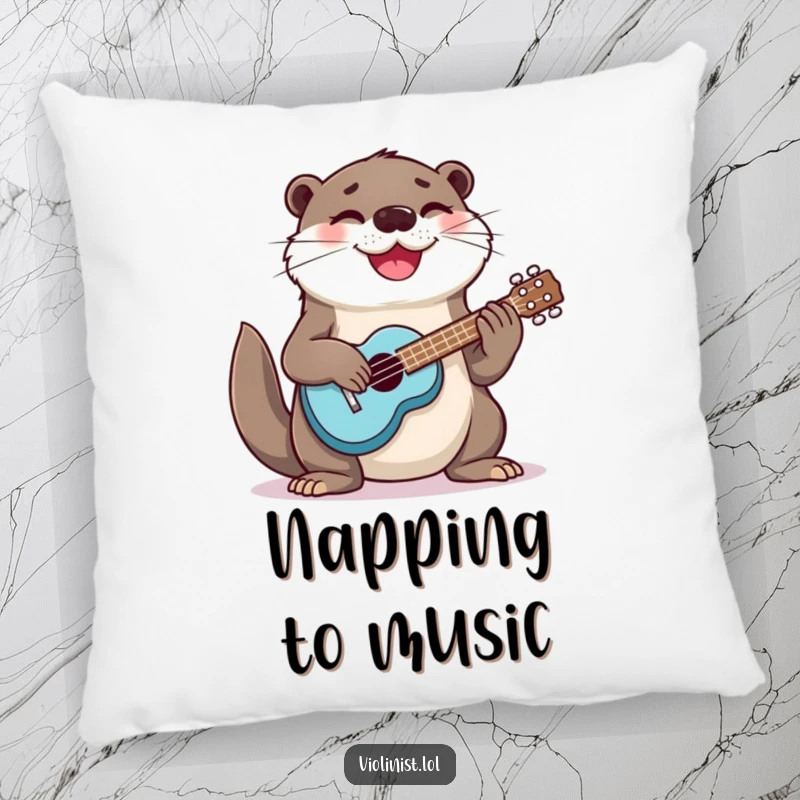 Funny otter strumming a ukulele, depicted on a soft and comfortable pillow for humorous home decor.