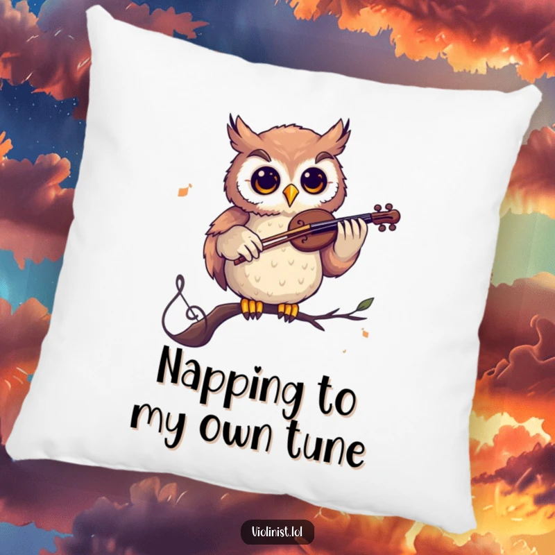 Funny pillow featuring a curious owl playing a violin on a musical note, offering comfort and a humorous, wise visual.