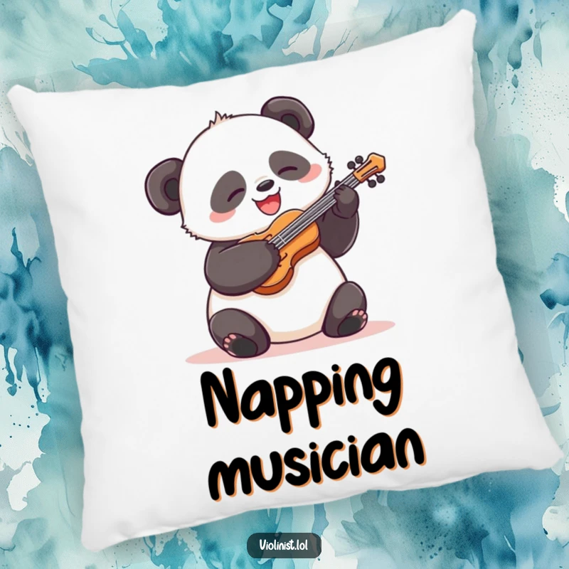 Funny panda pillow, silly expression, energetically playing a tiny violin with a happy grin, a soft and humorous accent piece.