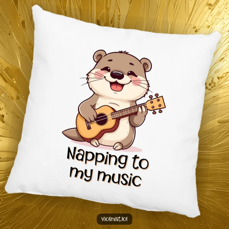 Funny otter strumming a ukulele, accent pillow, musical and humorous home decor, soft and cuddly.