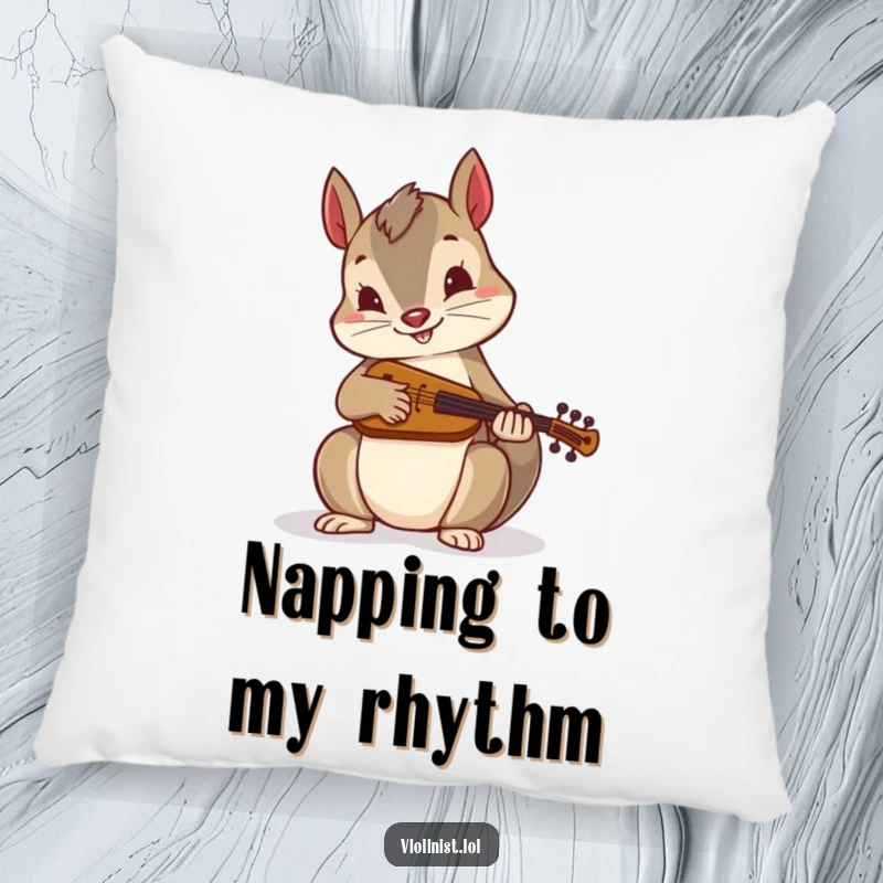 Funny pillow: An energetic squirrel plays a tiny fiddle, offering cozy folk music humor and comfort as a delightful gift.