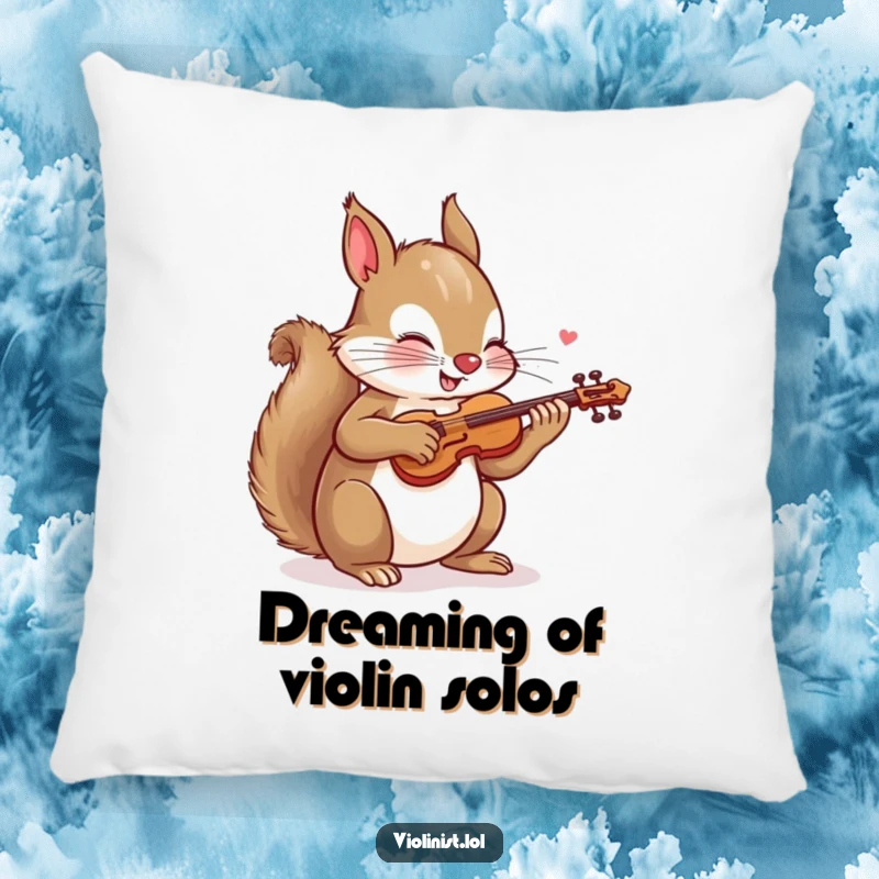 Funny pillow featuring a playful squirrel energetically sawing a tiny violin, offering comfort and a humorous, musical visual.