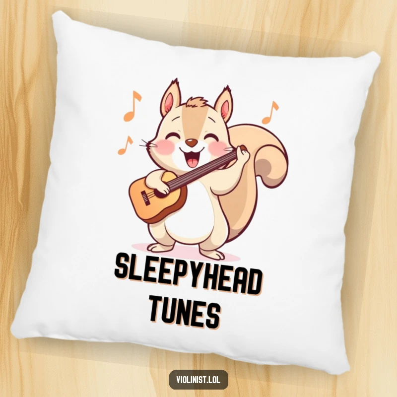 Funny pillow featuring a happy squirrel energetically bopping its head while playing a cheerful tune on the violin.