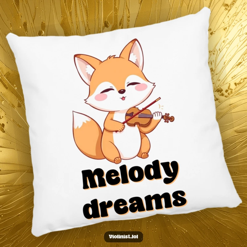 Happy fox playing a miniature violin with closed eyes, designed on a plush decorative pillow.