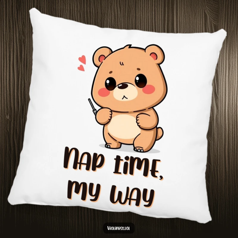 Funny decorative pillow featuring a proud bear and a shaky musical note, offering humorous comfort and a musical touch.