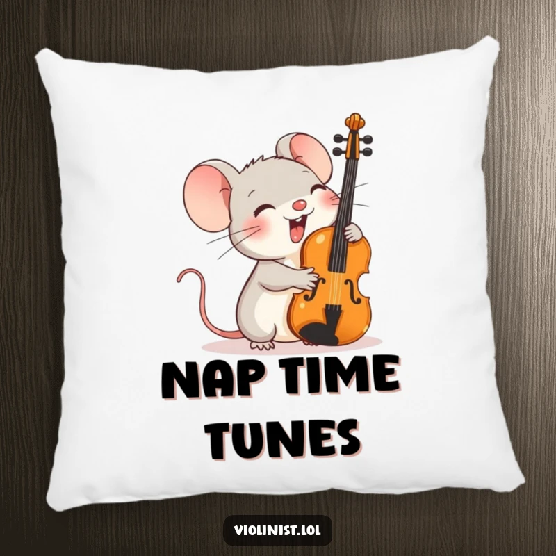 Funny pillow featuring a tiny mouse giggling with delight, with an oversized violin resting on its shoulder.