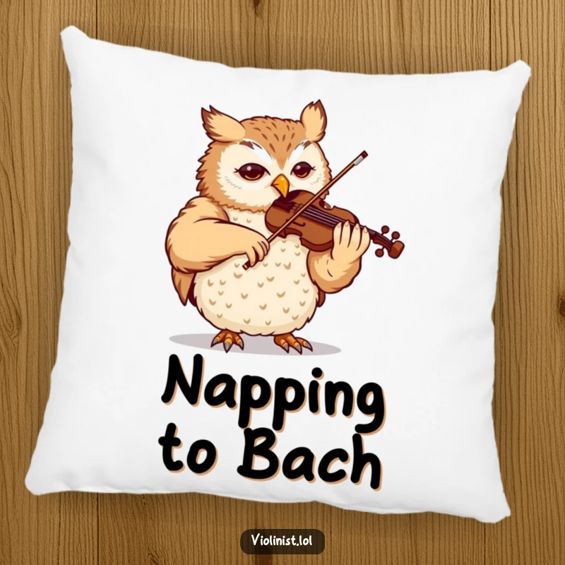 Funny owl pillow, content expression, playing a violin with skill, a soft and humorous accent piece for music lovers.