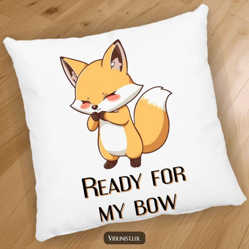 Funny fox bow pillow featuring a determined fox performing a dramatic bow, offering plush comfort and theatrical humor.